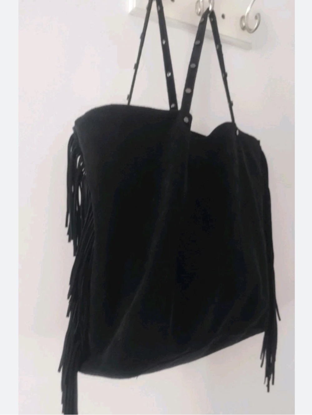 All Saints womans Black suede Fringe Bag OS